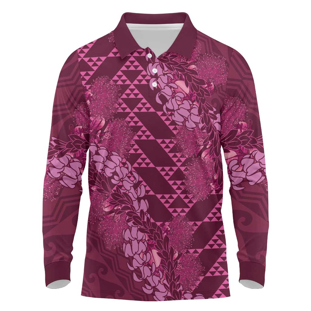 Pink Aloha Hawaii Long Sleeve Polo Shirt Hawaiian Kakau Ohia Lehua Lei - Polynesian Pride