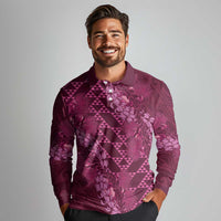 Pink Aloha Hawaii Long Sleeve Polo Shirt Hawaiian Kakau Ohia Lehua Lei - Polynesian Pride