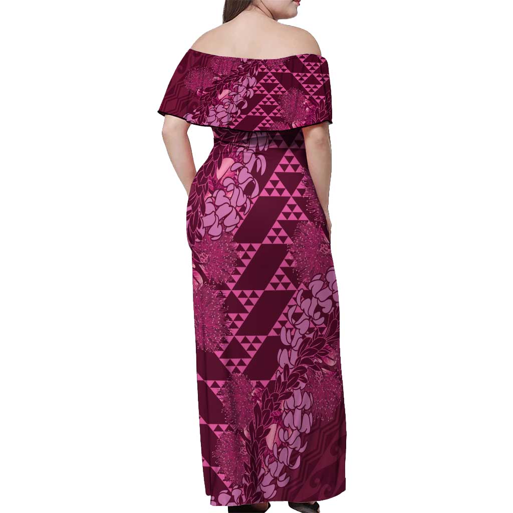 Pink Aloha Hawaii Off Shoulder Maxi Dress Hawaiian Kakau Ohia Lehua Lei - Polynesian Pride