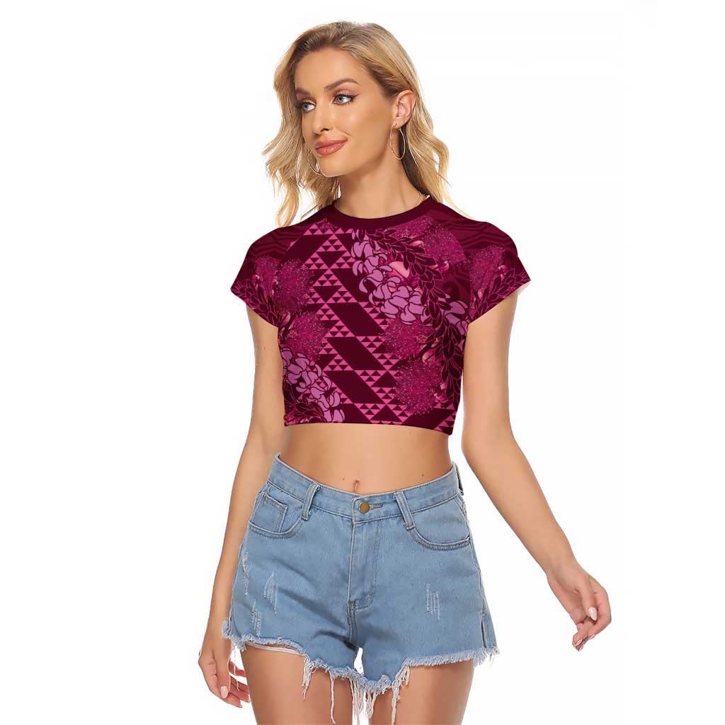 Pink Aloha Hawaii Raglan Cropped T Shirt Hawaiian Kakau Ohia Lehua Lei - Polynesian Pride