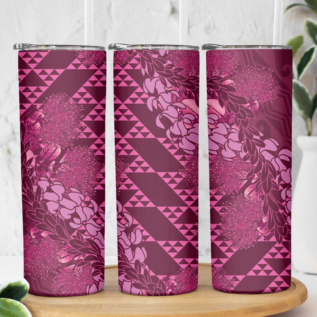 Pink Aloha Hawaii Skinny Tumbler Hawaiian Kakau Ohia Lehua Lei - Polynesian Pride