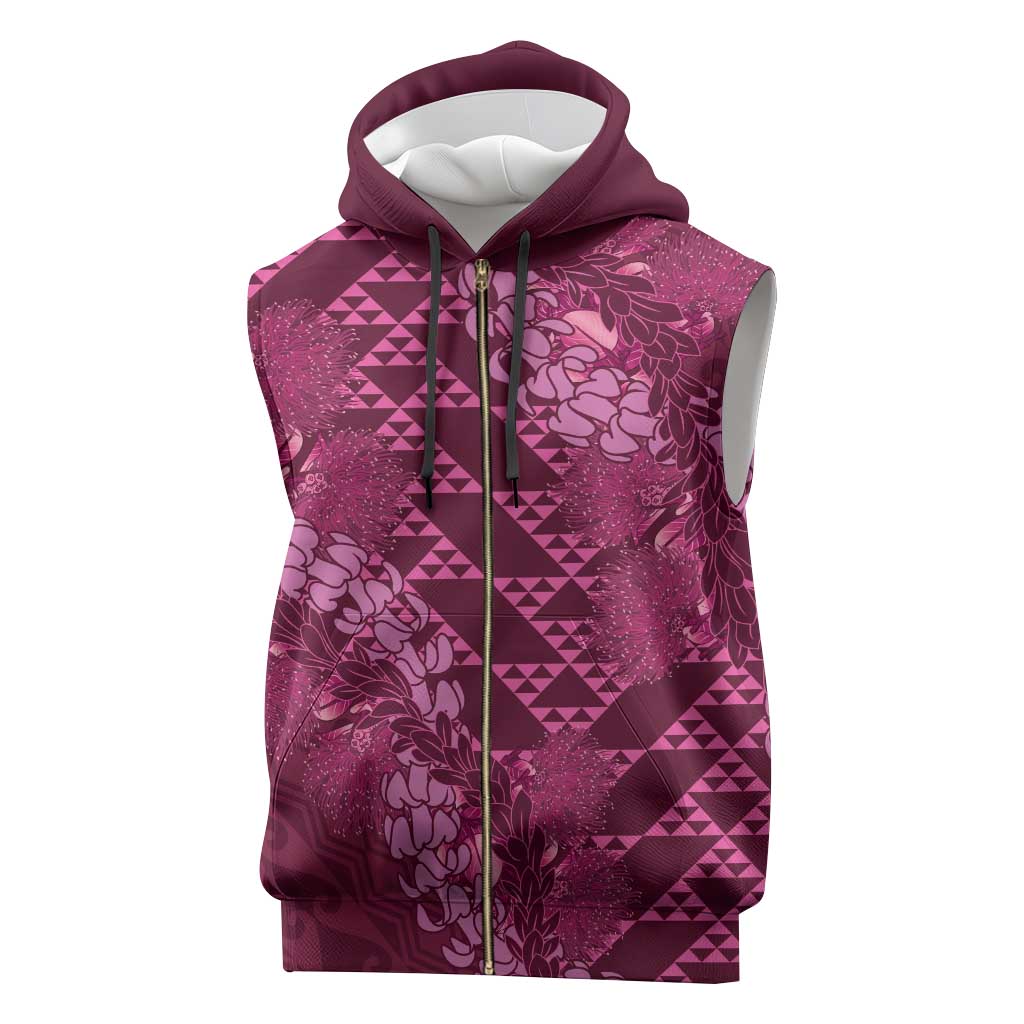 Pink Aloha Hawaii Sleeveless Zip Hoodie Hawaiian Kakau Ohia Lehua Lei - Polynesian Pride