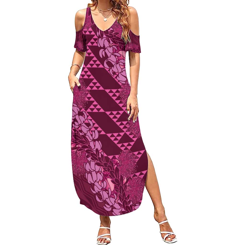 Pink Aloha Hawaii Summer Maxi Dress Hawaiian Kakau Ohia Lehua Lei - Polynesian Pride