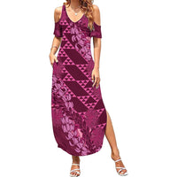 Pink Aloha Hawaii Summer Maxi Dress Hawaiian Kakau Ohia Lehua Lei - Polynesian Pride