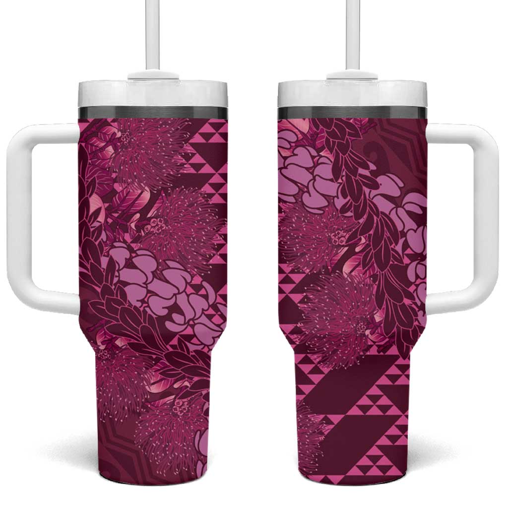 Pink Aloha Hawaii Tumbler With Handle Hawaiian Kakau Ohia Lehua Lei - Polynesian Pride