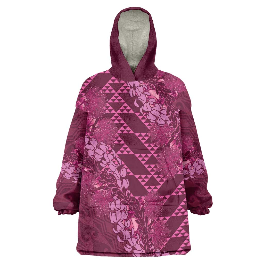 Pink Aloha Hawaii Wearable Blanket Hoodie Hawaiian Kakau Ohia Lehua Lei - Polynesian Pride