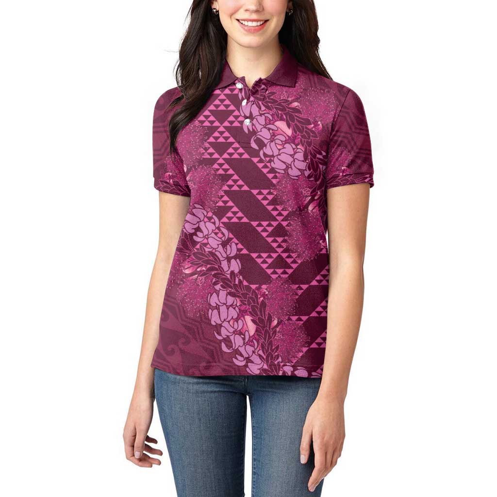 Pink Aloha Hawaii Women Polo Shirt Hawaiian Kakau Ohia Lehua Lei - Polynesian Pride