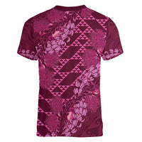 Pink Aloha Hawaii Women V-Neck T-Shirt Hawaiian Kakau Ohia Lehua Lei - Polynesian Pride