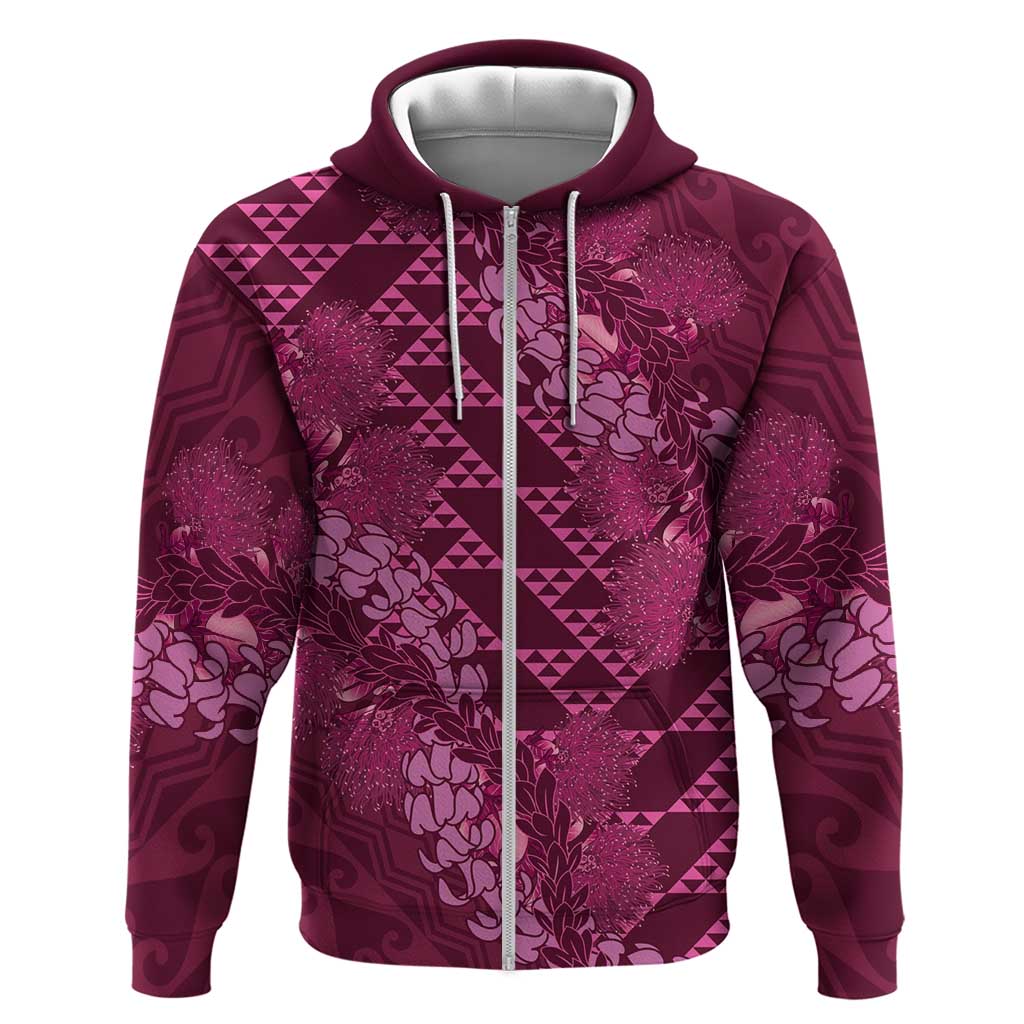 Pink Aloha Hawaii Zip Hoodie Hawaiian Kakau Ohia Lehua Lei - Polynesian Pride