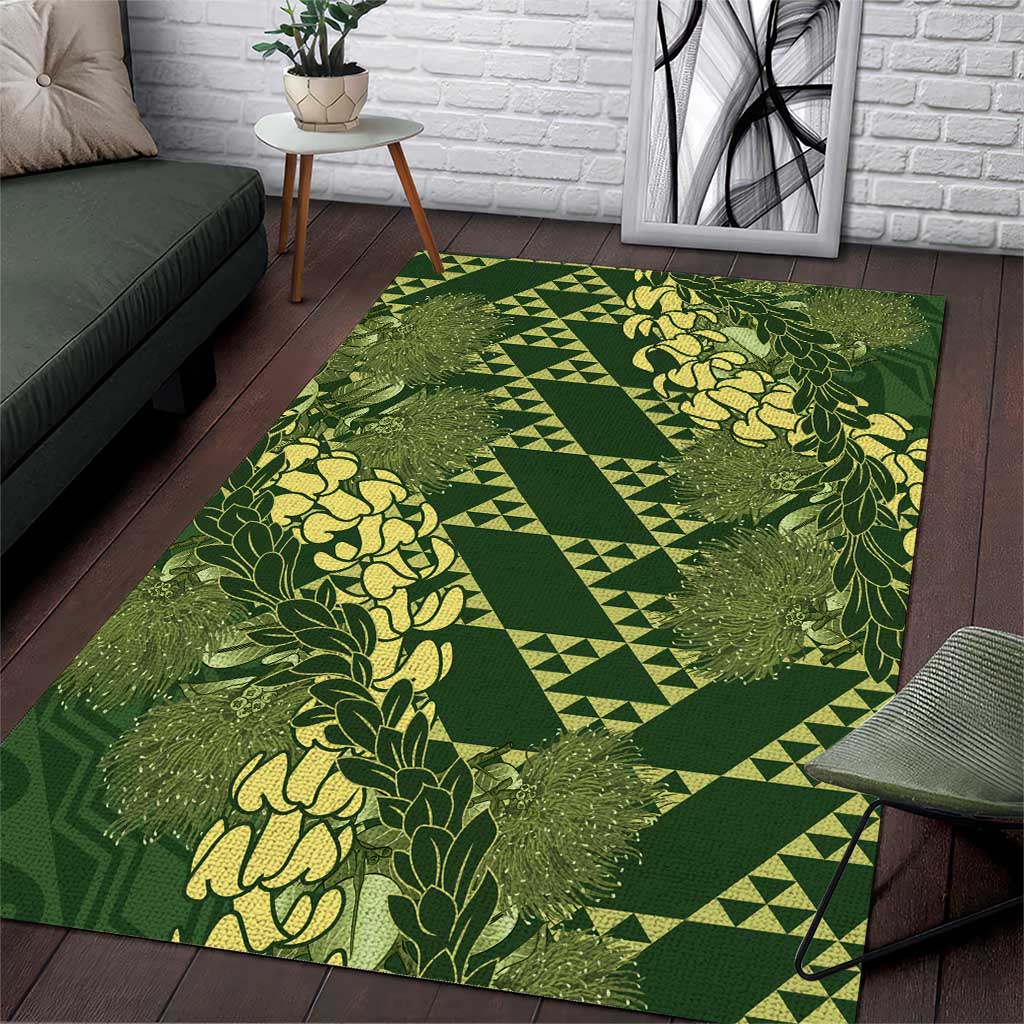 Green Aloha Hawaii Area Rug Hawaiian Kakau Ohia Lehua Lei - Polynesian Pride