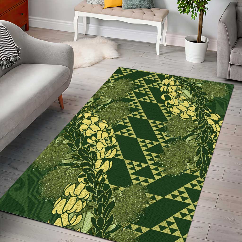 Green Aloha Hawaii Area Rug Hawaiian Kakau Ohia Lehua Lei - Polynesian Pride