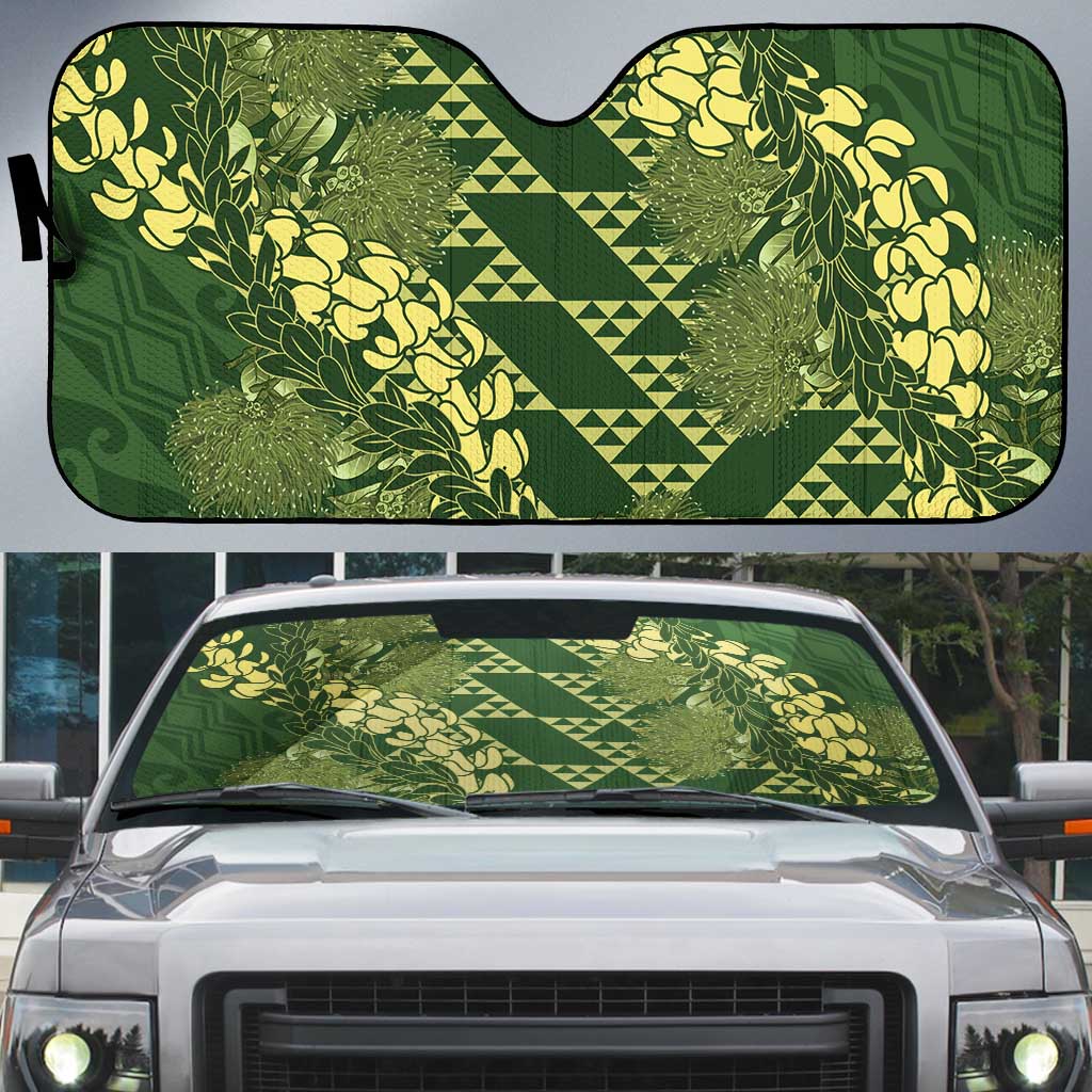 Green Aloha Hawaii Auto Sun Shade Hawaiian Kakau Ohia Lehua Lei - Polynesian Pride