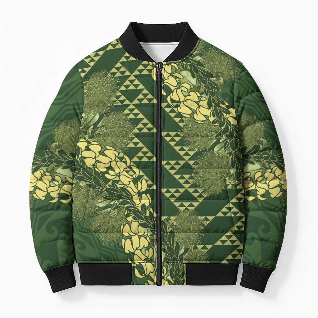 Green Aloha Hawaii Bomber Puffer Jacket Hawaiian Kakau Ohia Lehua Lei - Polynesian Pride