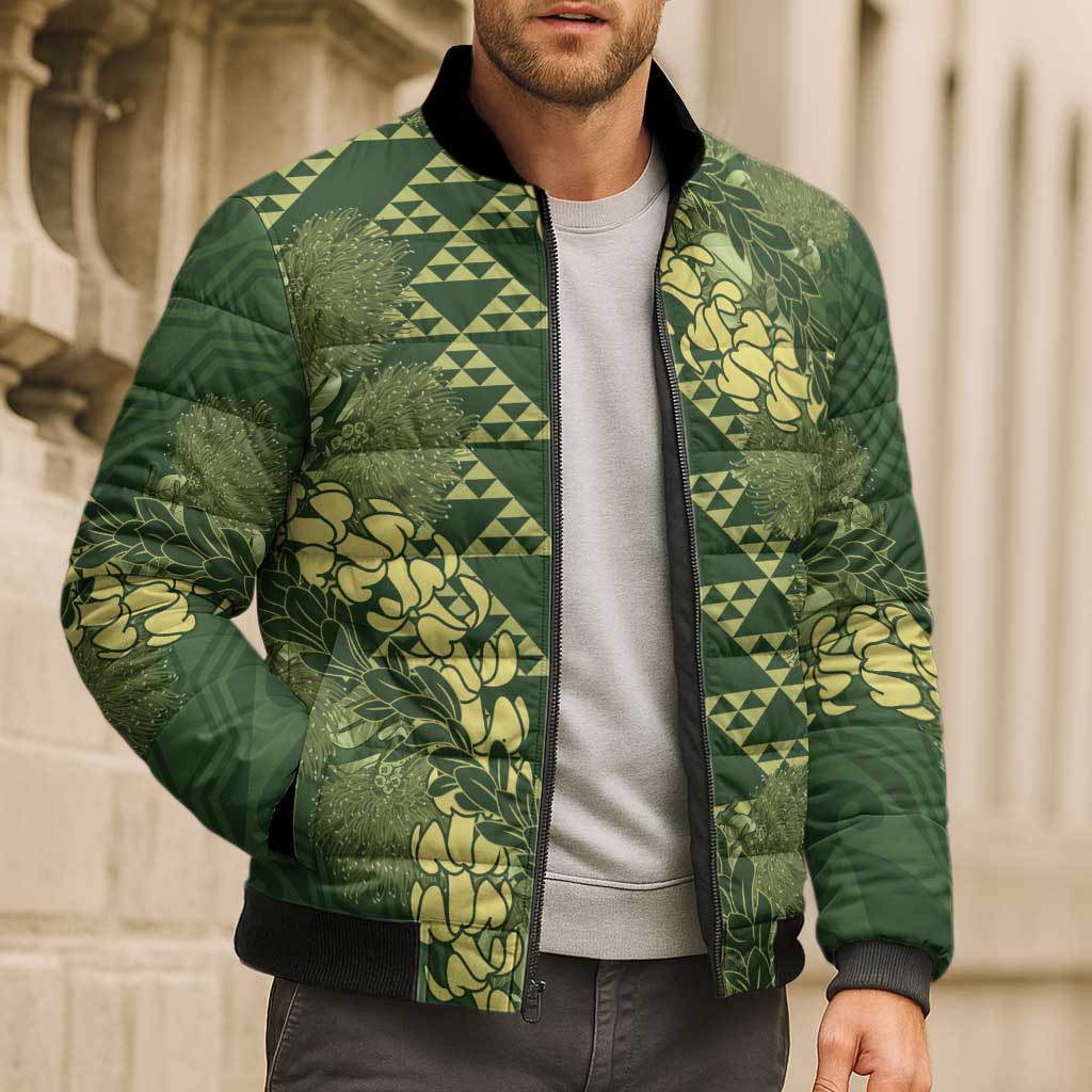 Green Aloha Hawaii Bomber Puffer Jacket Hawaiian Kakau Ohia Lehua Lei - Polynesian Pride