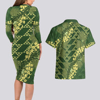 Green Aloha Hawaii Couples Matching Long Sleeve Bodycon Dress and Hawaiian Shirt Hawaiian Kakau Ohia Lehua Lei - Polynesian Pride