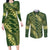 Green Aloha Hawaii Couples Matching Long Sleeve Bodycon Dress and Long Sleeve Button Shirt Hawaiian Kakau Ohia Lehua Lei - Polynesian Pride