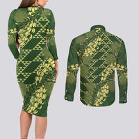 Green Aloha Hawaii Couples Matching Long Sleeve Bodycon Dress and Long Sleeve Button Shirt Hawaiian Kakau Ohia Lehua Lei - Polynesian Pride
