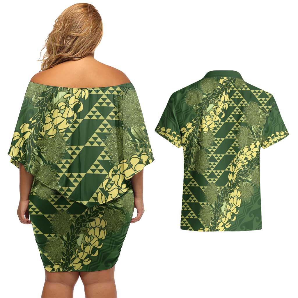 Green Aloha Hawaii Couples Matching Off Shoulder Short Dress and Hawaiian Shirt Hawaiian Kakau Ohia Lehua Lei - Polynesian Pride