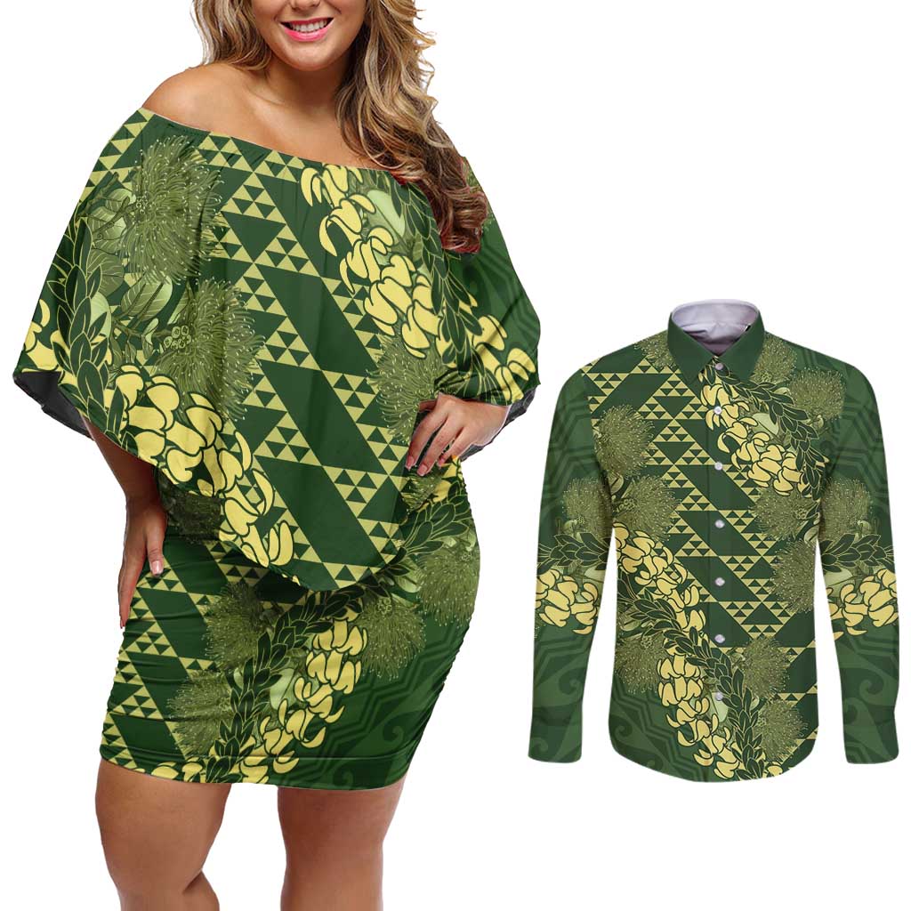 Green Aloha Hawaii Couples Matching Off Shoulder Short Dress and Long Sleeve Button Shirt Hawaiian Kakau Ohia Lehua Lei - Polynesian Pride
