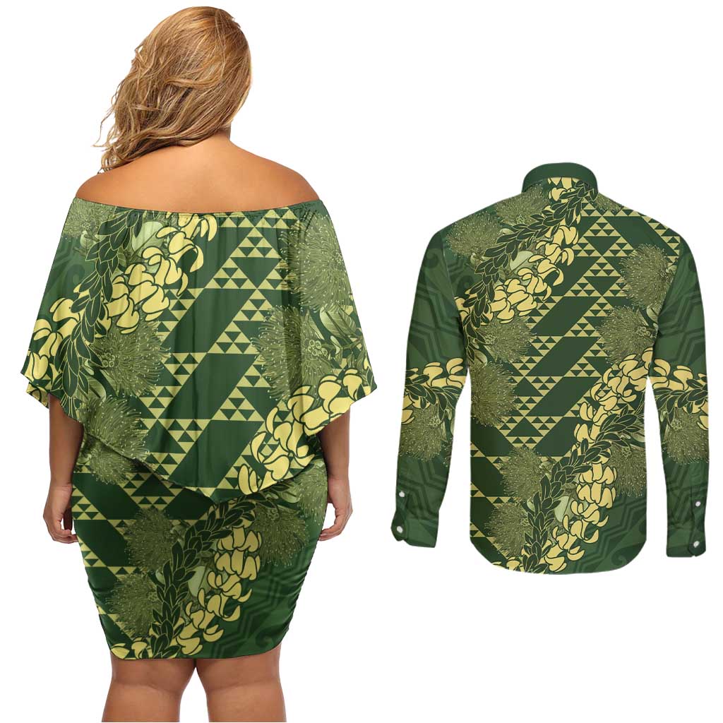 Green Aloha Hawaii Couples Matching Off Shoulder Short Dress and Long Sleeve Button Shirt Hawaiian Kakau Ohia Lehua Lei - Polynesian Pride