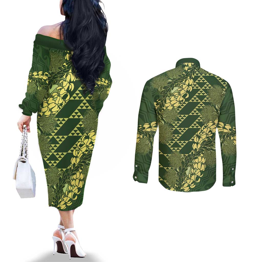 Green Aloha Hawaii Couples Matching Off The Shoulder Long Sleeve Dress and Long Sleeve Button Shirt Hawaiian Kakau Ohia Lehua Lei - Polynesian Pride