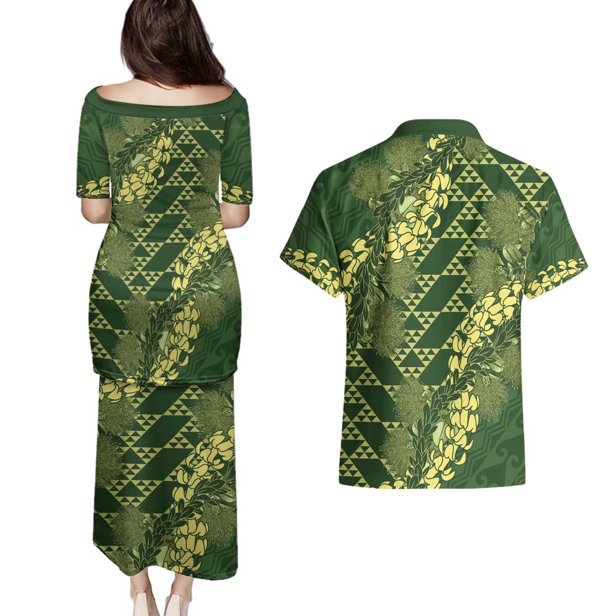 Green Aloha Hawaii Couples Matching Puletasi and Hawaiian Shirt Hawaiian Kakau Ohia Lehua Lei - Polynesian Pride