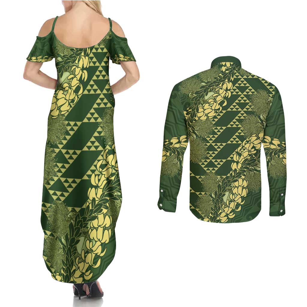 Green Aloha Hawaii Couples Matching Summer Maxi Dress and Long Sleeve Button Shirt Hawaiian Kakau Ohia Lehua Lei - Polynesian Pride