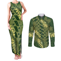 Green Aloha Hawaii Couples Matching Tank Maxi Dress and Long Sleeve Button Shirt Hawaiian Kakau Ohia Lehua Lei - Polynesian Pride