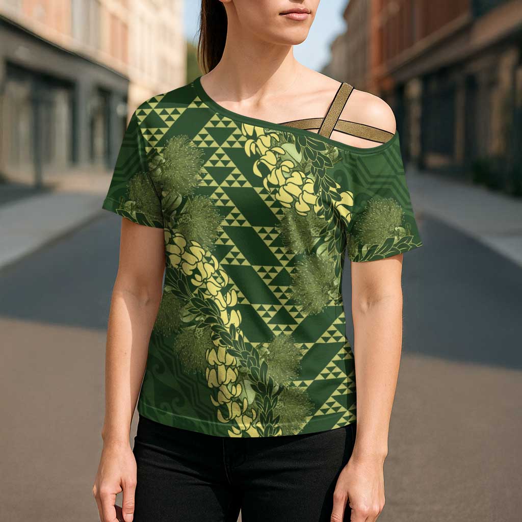 Green Aloha Hawaii Cross Shoulder Shirt Hawaiian Kakau Ohia Lehua Lei - Polynesian Pride