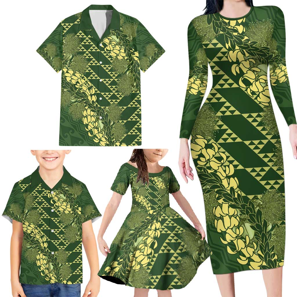 Green Aloha Hawaii Family Matching Long Sleeve Bodycon Dress and Hawaiian Shirt Hawaiian Kakau Ohia Lehua Lei - Polynesian Pride