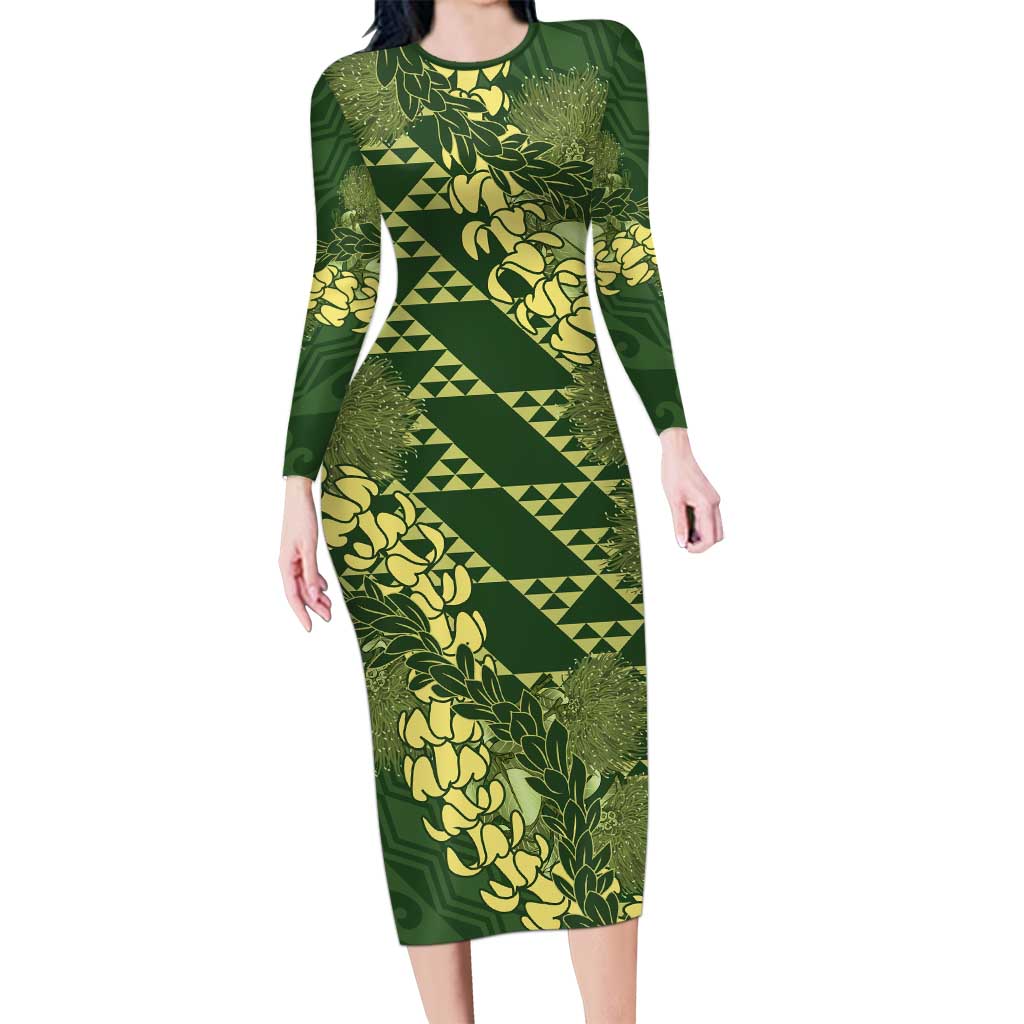 Green Aloha Hawaii Family Matching Long Sleeve Bodycon Dress and Hawaiian Shirt Hawaiian Kakau Ohia Lehua Lei - Polynesian Pride