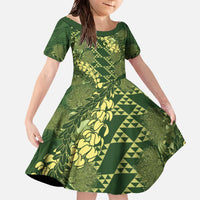 Green Aloha Hawaii Family Matching Off The Shoulder Long Sleeve Dress and Hawaiian Shirt Hawaiian Kakau Ohia Lehua Lei - Polynesian Pride