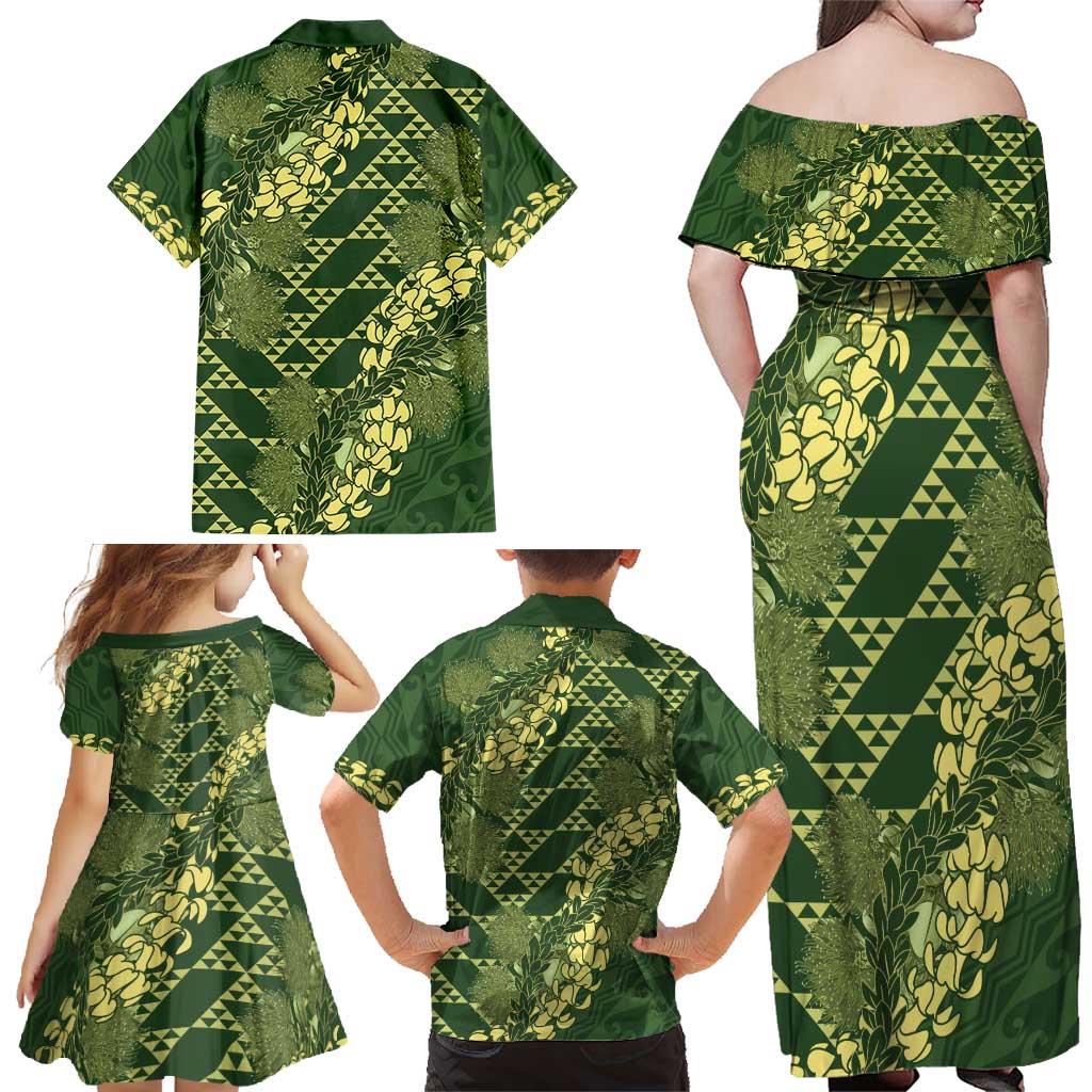 Green Aloha Hawaii Family Matching Off Shoulder Maxi Dress and Hawaiian Shirt Hawaiian Kakau Ohia Lehua Lei - Polynesian Pride