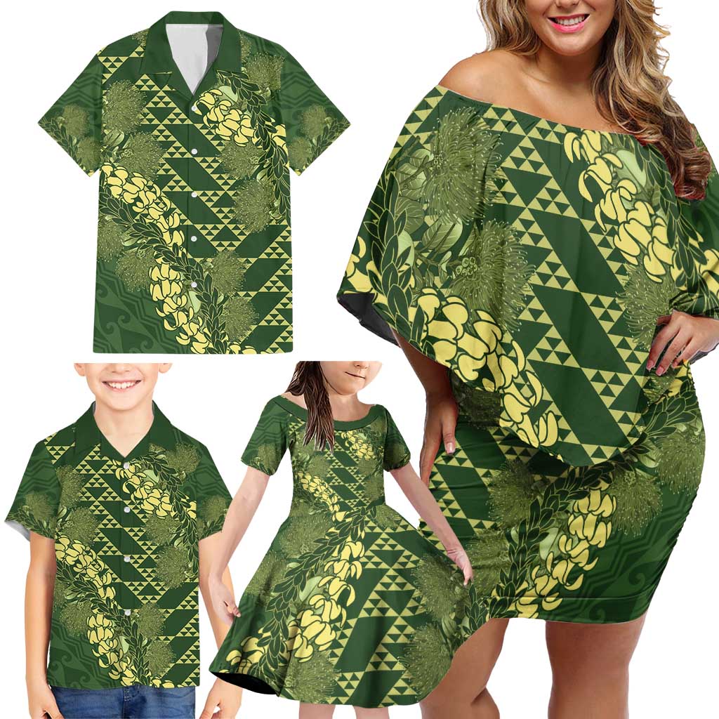 Green Aloha Hawaii Family Matching Off Shoulder Short Dress and Hawaiian Shirt Hawaiian Kakau Ohia Lehua Lei - Polynesian Pride