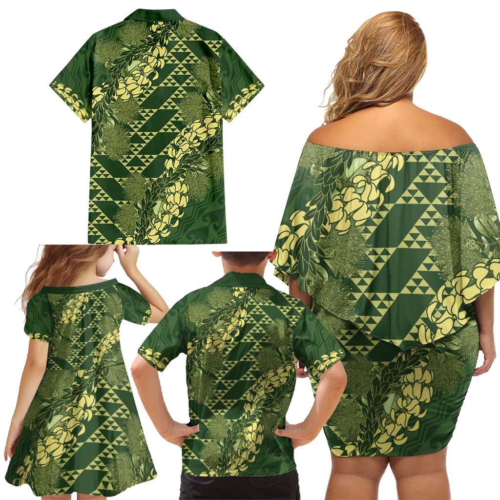 Green Aloha Hawaii Family Matching Off Shoulder Short Dress and Hawaiian Shirt Hawaiian Kakau Ohia Lehua Lei - Polynesian Pride
