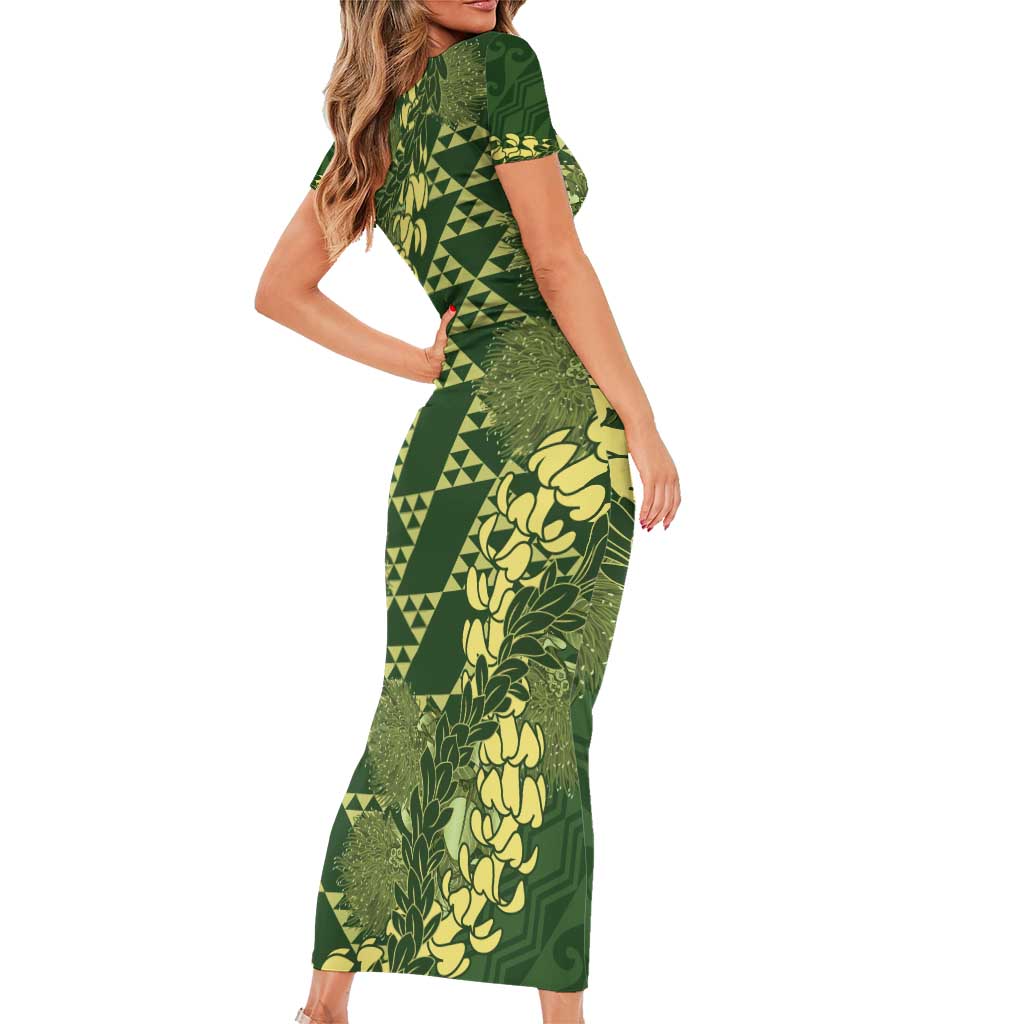 Green Aloha Hawaii Family Matching Short Sleeve Bodycon Dress and Hawaiian Shirt Hawaiian Kakau Ohia Lehua Lei - Polynesian Pride