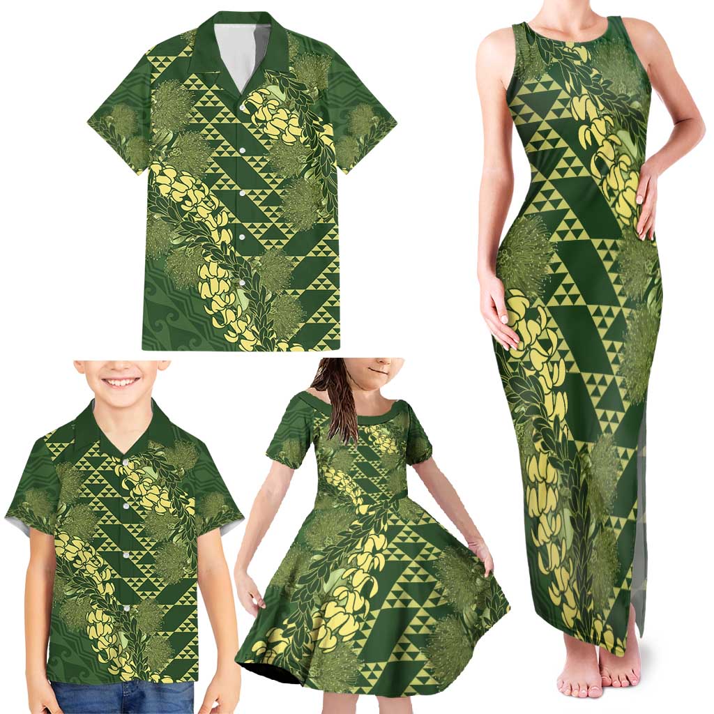 Green Aloha Hawaii Family Matching Tank Maxi Dress and Hawaiian Shirt Hawaiian Kakau Ohia Lehua Lei - Polynesian Pride