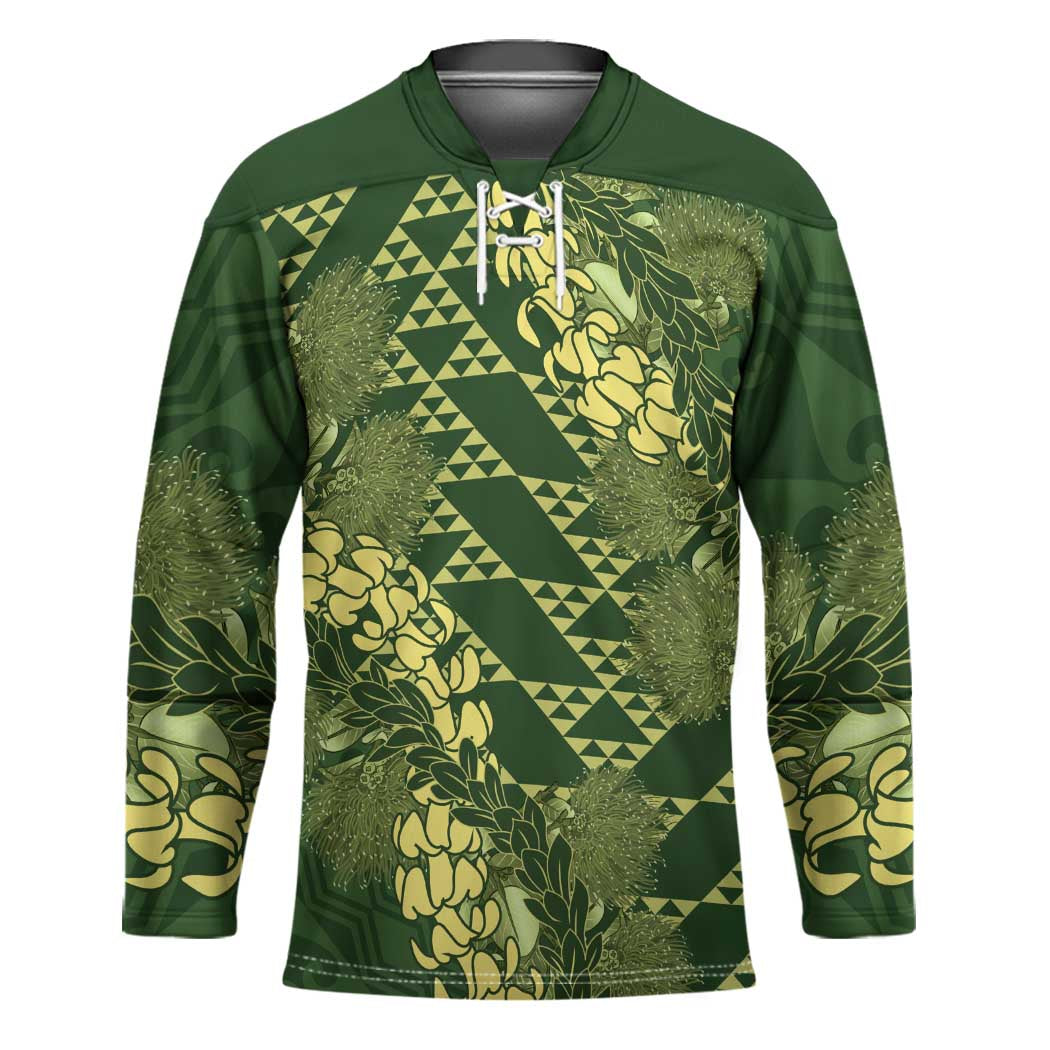 Green Aloha Hawaii Hockey Jersey Hawaiian Kakau Ohia Lehua Lei - Polynesian Pride