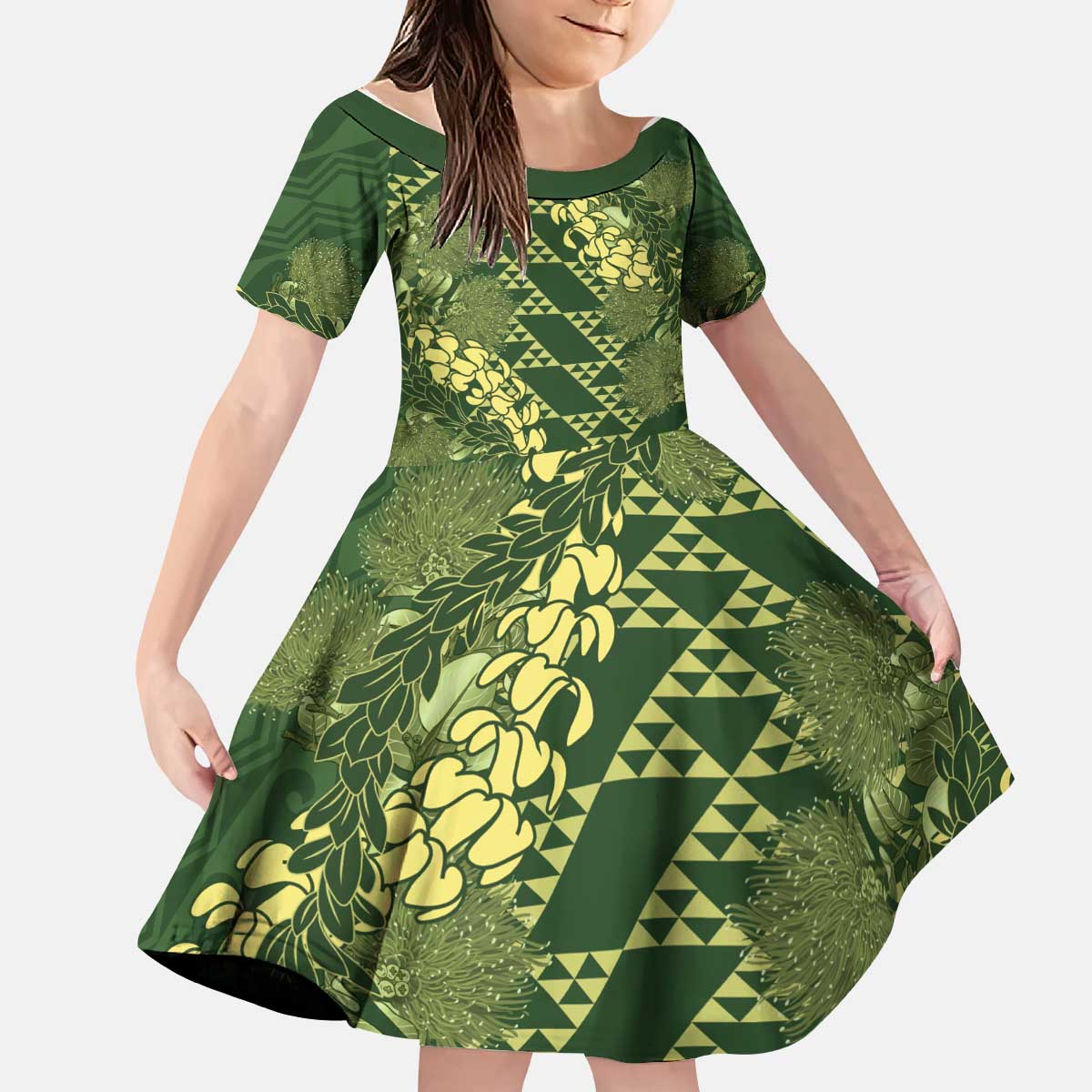 Green Aloha Hawaii Kid Short Sleeve Dress Hawaiian Kakau Ohia Lehua Lei - Polynesian Pride