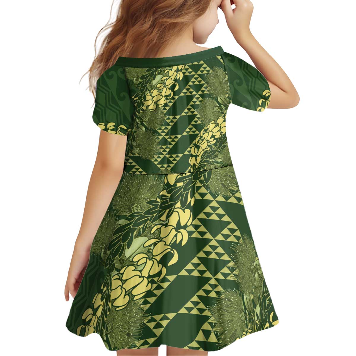 Green Aloha Hawaii Kid Short Sleeve Dress Hawaiian Kakau Ohia Lehua Lei - Polynesian Pride