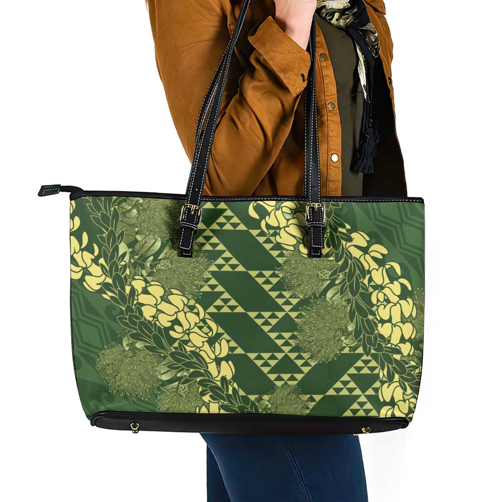 Green Aloha Hawaii Leather Tote Bag Hawaiian Kakau Ohia Lehua Lei - Polynesian Pride