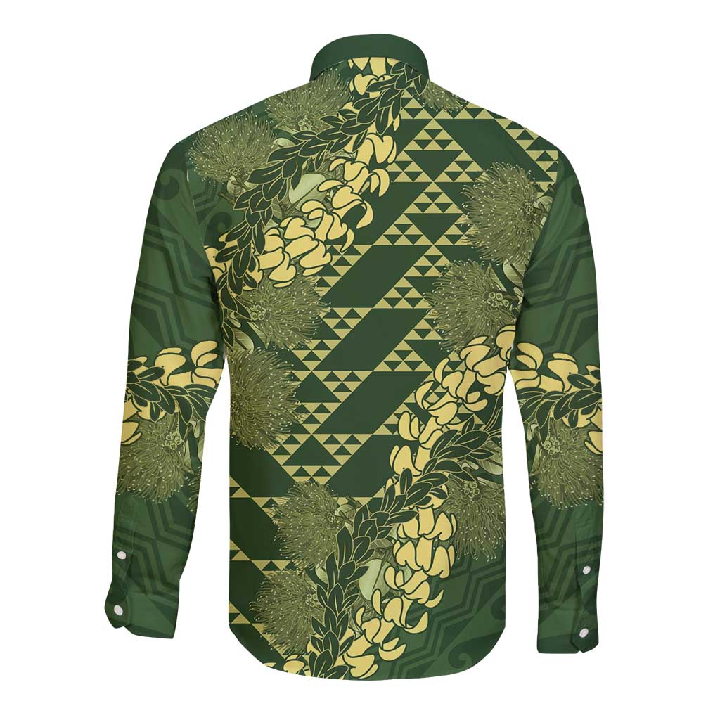 Green Aloha Hawaii Long Sleeve Button Shirt Hawaiian Kakau Ohia Lehua Lei - Polynesian Pride