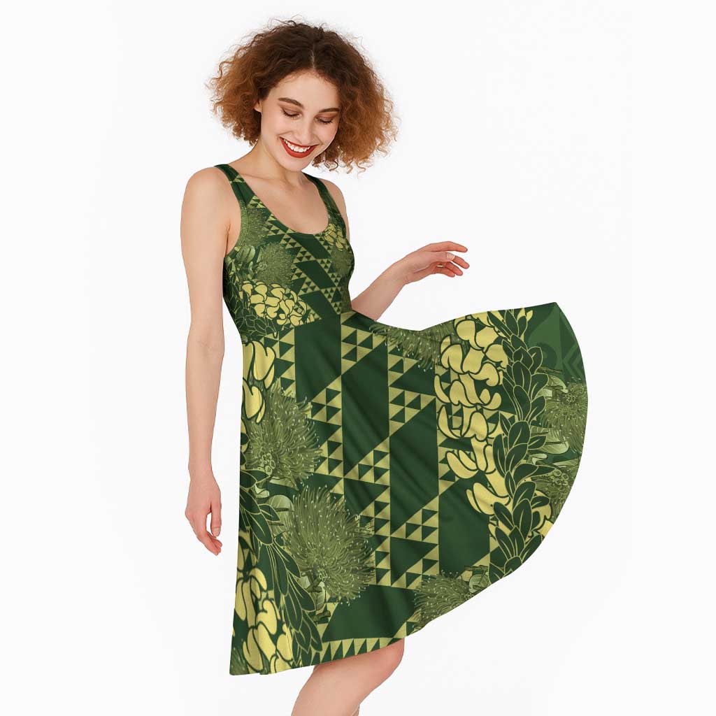 Green Aloha Hawaii Midi Dress Hawaiian Kakau Ohia Lehua Lei - Polynesian Pride