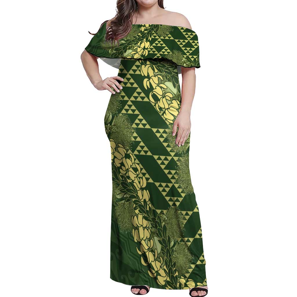 Green Aloha Hawaii Off Shoulder Maxi Dress Hawaiian Kakau Ohia Lehua Lei - Polynesian Pride