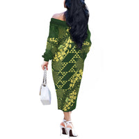 Green Aloha Hawaii Off The Shoulder Long Sleeve Dress Hawaiian Kakau Ohia Lehua Lei - Polynesian Pride