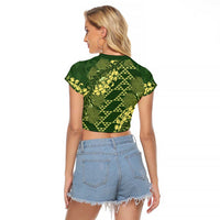 Green Aloha Hawaii Raglan Cropped T Shirt Hawaiian Kakau Ohia Lehua Lei - Polynesian Pride