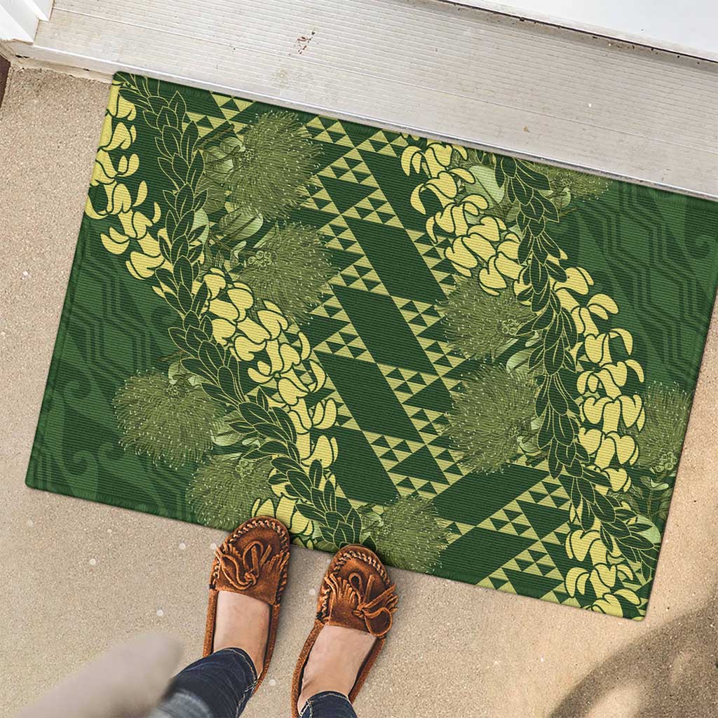 Green Aloha Hawaii Rubber Doormat Hawaiian Kakau Ohia Lehua Lei - Polynesian Pride