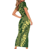 Green Aloha Hawaii Short Sleeve Bodycon Dress Hawaiian Kakau Ohia Lehua Lei - Polynesian Pride