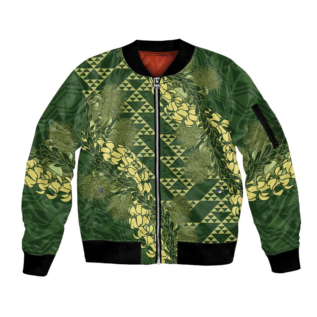 Green Aloha Hawaii Sleeve Zip Bomber Jacket Hawaiian Kakau Ohia Lehua Lei - Polynesian Pride