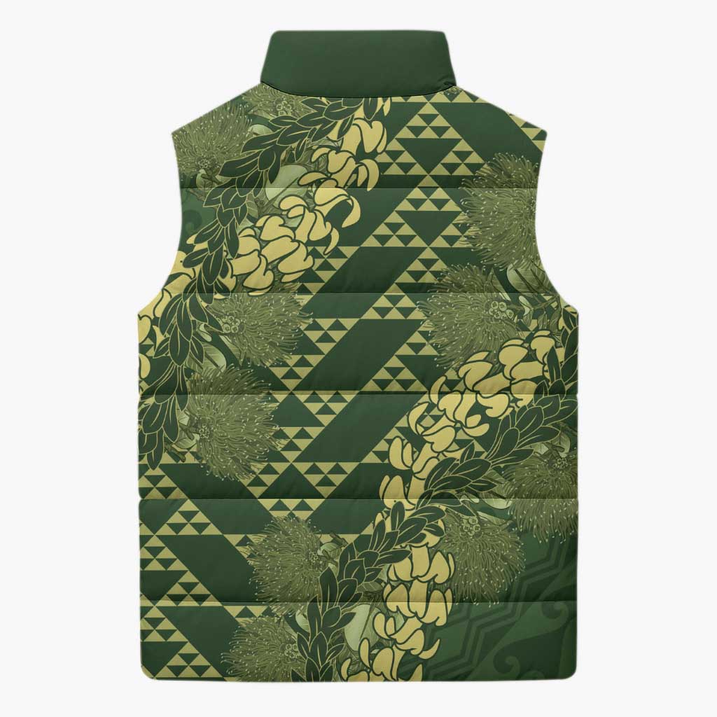 Green Aloha Hawaii Sleeveless Puffer Jacket Hawaiian Kakau Ohia Lehua Lei - Polynesian Pride